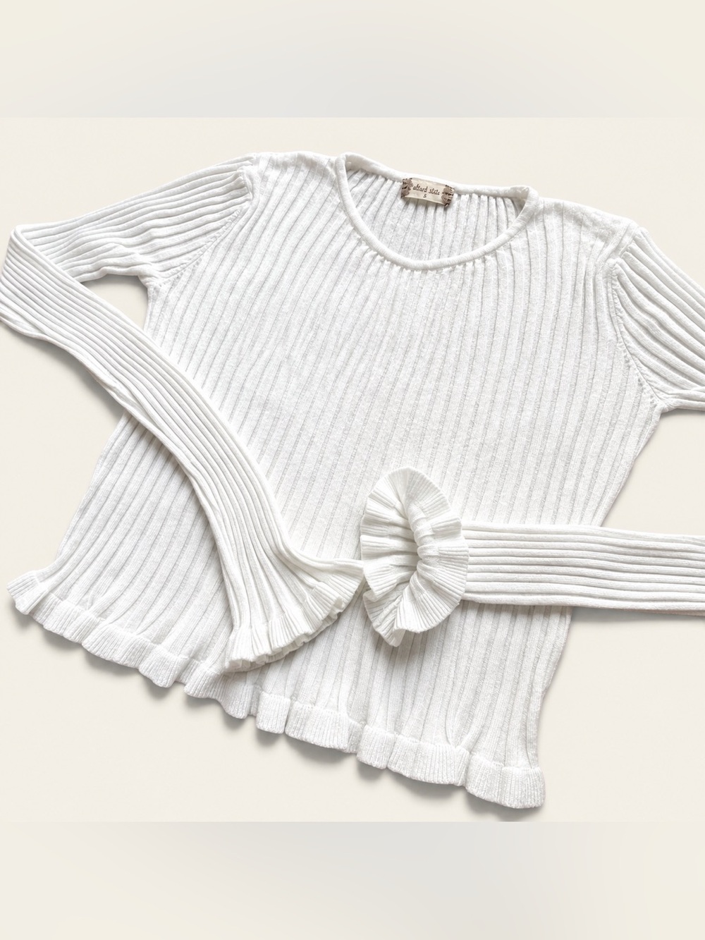 Altar'd State White Ribbed Knit Ruffle Bell Sleeve Sweater Top S